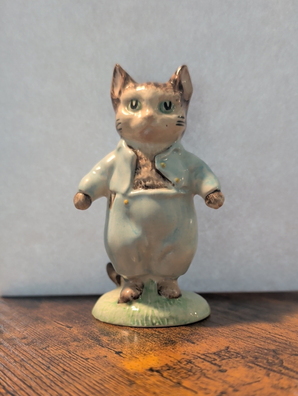 Royal Albert Pale Blue and Cream Hand-Painted Cat Figurine with Gold Accents